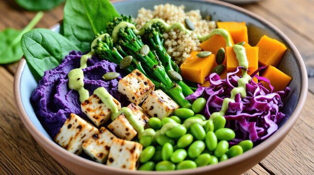 Colorful vegan buddha bowl with tofu, pumpkin, quinoa, spinach, broccoli and edamame beans. Healthy vegetarian meal served in ceramic dish on wooden table.