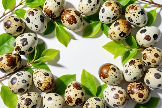 Quail eggs with brown spots and green leaves form a natural border on white. Small speckled ova display earthy and vibrant hues, suggesting spring growth and organic farming.