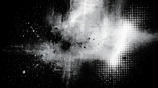 Abstract black and white design with textured grunge effects, halftone dots, and scattered splatters creating a dynamic, high-contrast visual composition.