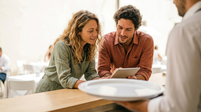 Young couple looking at digital tablet at bar counter while waiter holds a tray