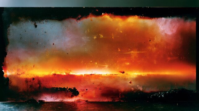 A fiery, abstract scene with glowing orange and yellow hues surrounded by dark, textured edges, resembling intense heat or burning embers.