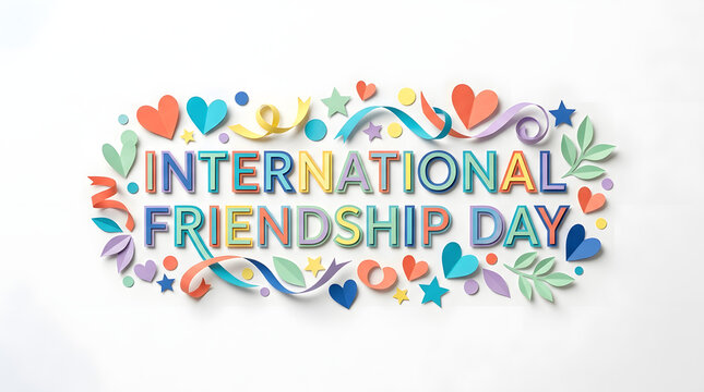 International friendship day decorative lettering with quilling paper hearts and floral elements