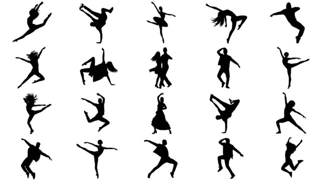 Collection of dynamic dance silhouettes on white background