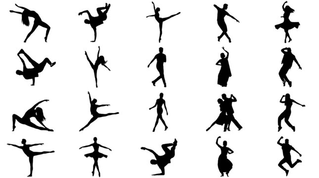 Diverse silhouettes of dancers in dynamic poses ideal for performance and artistic designs