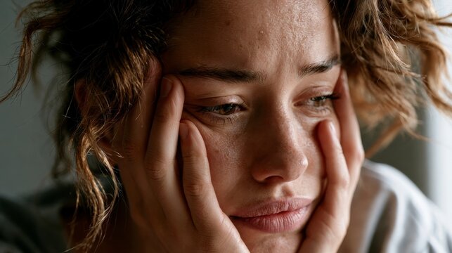 photorealistic close-up side view of a woman covering her face with both hands
