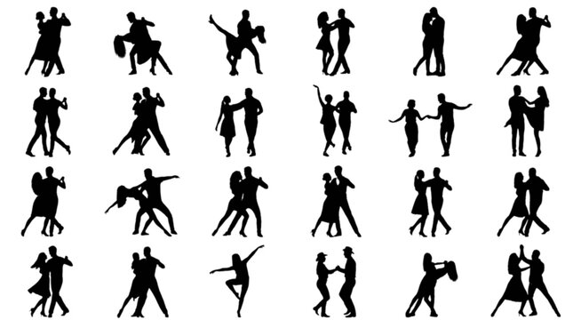 Collection of black silhouettes of couples dancing in various styles and poses
