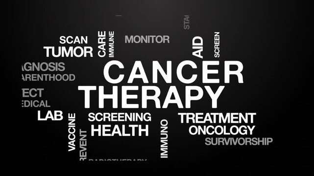Cancer therapy concept Animated Tag Word Cloud kinetic typography, Text Design Animation typography seamless loop video motion graphics Intro Wordart arrangement white type on black background bgCanc