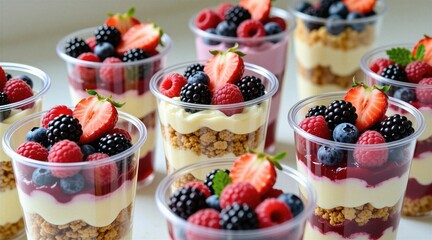 Obraz premium Several clear cups contain layered desserts with cream granola and fresh berries like strawberries raspberries and blackberries. These individual fruit parfaits are ready for serving.