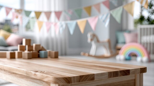 A bright, cozy playroom features wooden blocks on a table, colorful bunting, and soft cushions, creating a warm and inviting space for children.