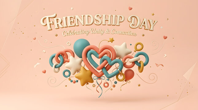 Happy friendship day festive background with floating colorful hearts and star shapes on peach backdrop