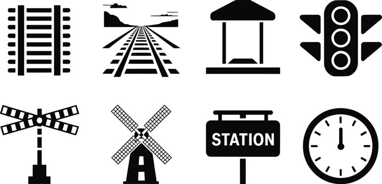 Train Station Icon vector illustration featuring railway station building rails signal barrier clock crossbuck public transport navigation and infrastructure symbols