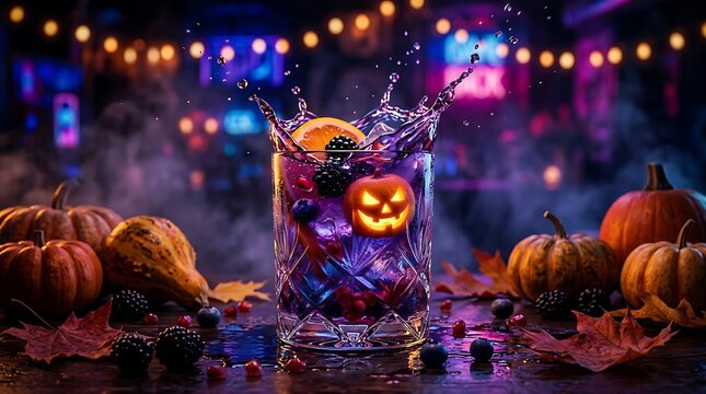 Halloween cocktail splash with jack o lantern pumpkin, berries and orange slice in a bar background