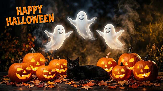 Happy Halloween banner with cute ghosts, black cat and glowing jack o lanterns on dark background