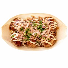 Fototapeta premium Takoyaki street food with bonito flakes and green onions isolated on white solid background