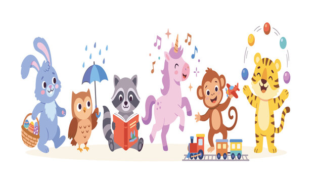 Cute cartoon animals banner vector illustration featuring playful characters tiger juggling monkey playing unicorn dancing and raccoon reading book