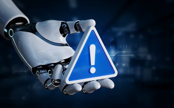 Robot hand holding a blue warning sign with exclamation mark, futuristic technology concept.