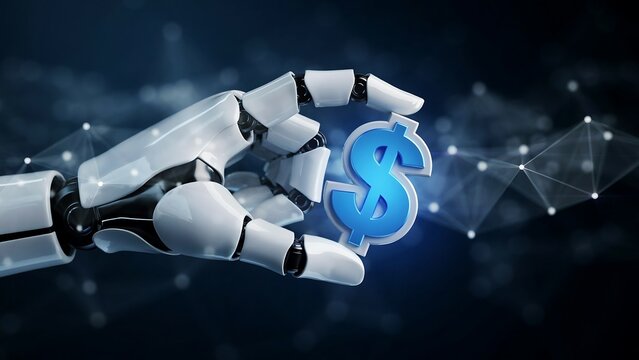 A robotic hand holds a glowing blue dollar sign in a futuristic financial technology setting.