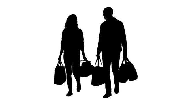 Couple walking with shopping bags silhouette isolated on transparent background
