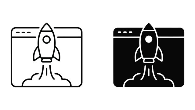 Website launch rocket ship business success and growth icon set with business