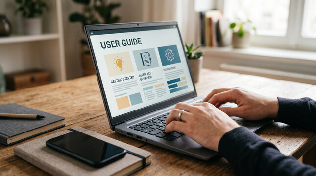 Person reading digital user guide on laptop at home.