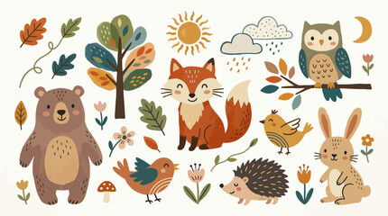 Naklejka premium Cute Woodland Animal Clipart Set with Forest Elements.
