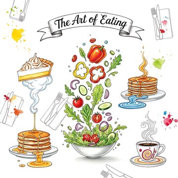 Colorful illustration of art of eating with fresh produce and kitchenware.