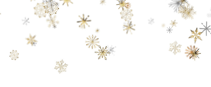 Beautiful falling snowflakes in gold and silver tones for a festive holiday theme.