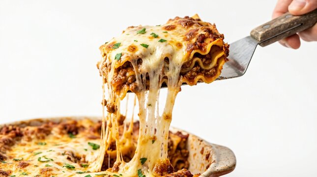 A mouthwatering serving of cheesy lasagna with rich meat sauce and melted mozzarella stretching from the dish to a hand using a metal spatula against a clean white background