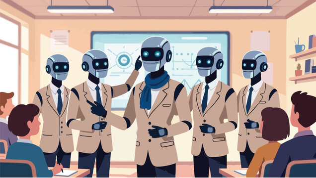 Robotic business team in a meeting room with a whiteboard displaying charts and graphs.