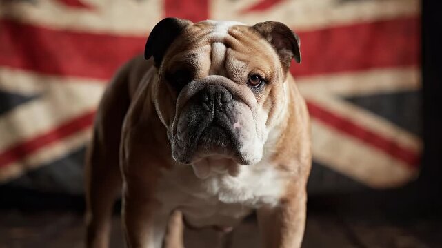 English Bulldog stands stoically, looking directly at camera, with a vintage Union Jack flag in the background on a wooden floor.