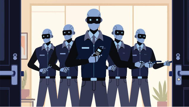 Robotic security team in dark blue uniforms standing at an open doorway.