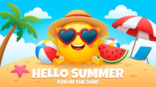 summer, cartoon, beach, sea, illustration, sun, vector, fun, vacation, holiday, travel, water, child, animal, ocean, sky, nature, design, sand, smile, sunglasses, boy, art, tropical, fish