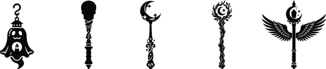 Witch magic wand and wizard staff silhouettes collection. © Abdus