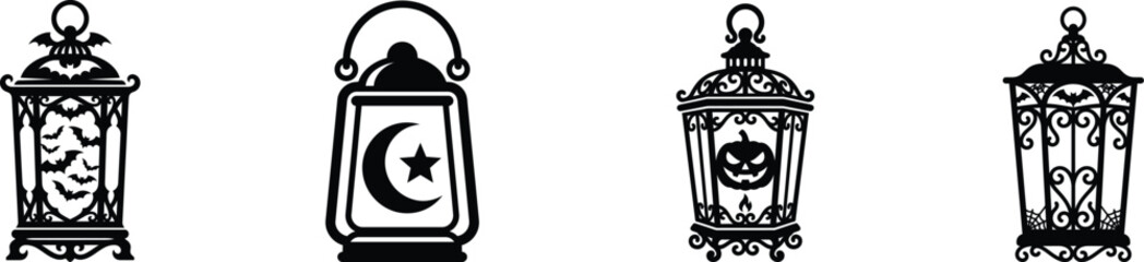 Halloween vintage lantern silhouettes set with spooky designs. © Abdus