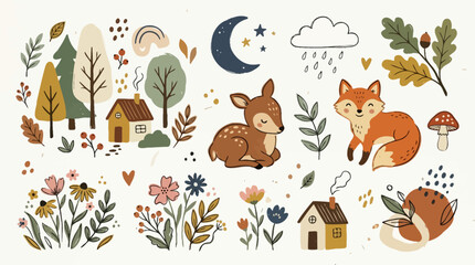 Obraz premium Cute woodland forest animal and nature elements collection.