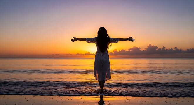 Silhouette of person with arms outstretched at sunset.