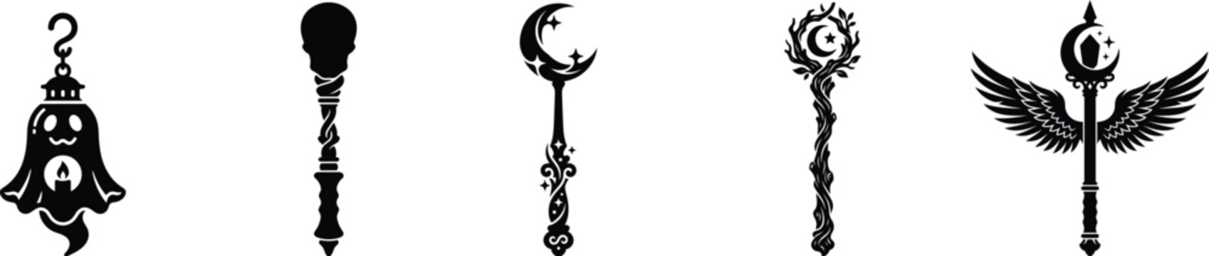 Witch magic wand and wizard staff silhouettes collection.
