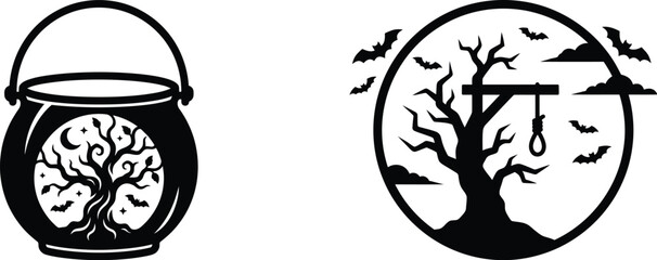 Halloween magic cauldron and spooky hanging tree silhouettes. © Abdus