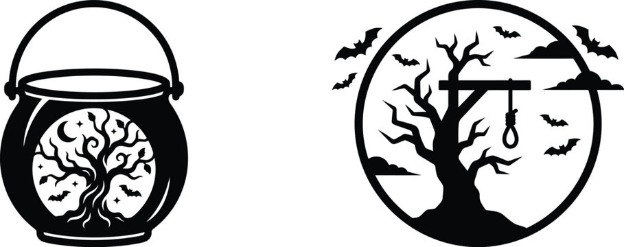 Halloween magic cauldron and spooky hanging tree silhouettes.