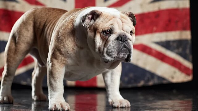 A proud British bulldog stands in a studio against a rustic Union Jack flag backdrop, looking at the camera.