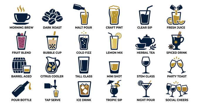 Cocktail drink icon set with dark blue and gold illustrations and readable beverage labels for bartending