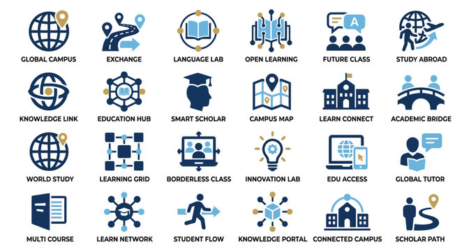 Education technology icons set with global learning concepts for campuses, maps, hubs and study tools