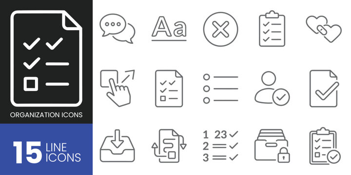 Set of 15 thin line organization icons, including checklist, document, list, user, and file management symbols