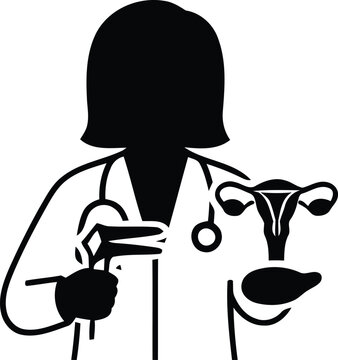 Gynecologist holding a speculum and a model of a human uterus for medical consultation