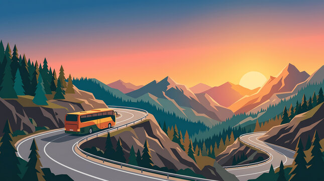 Flat vector background of a travel bus navigating a sharp curve on a scenic mountain road during sunset