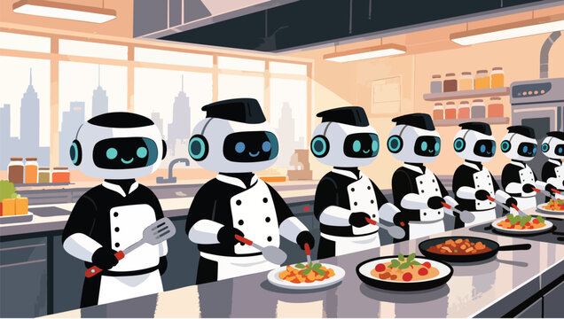 Pixel robots in chef uniforms preparing and serving food in a busy restaurant kitchen robot.
