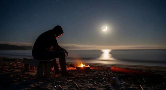 Solitary silhouette of a cow standing on a beach at dusk.