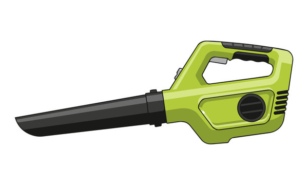 Modern cordless electric leaf blower with lime green housing and black nozzle isolated on white background gardening equipment concept
