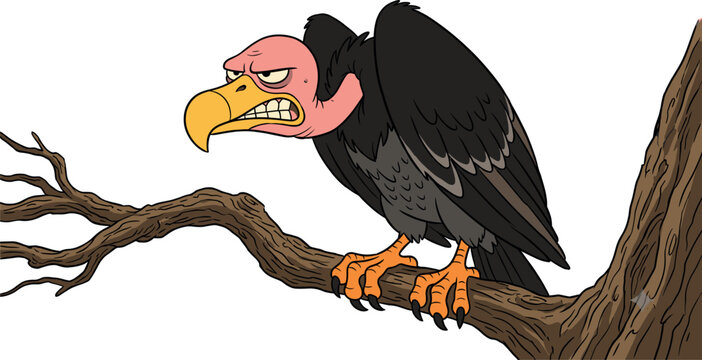 Angry Vulture Bird Perched on Tree Branch Cartoon Character Illustration Vector Isolated on White Background for Wildlife