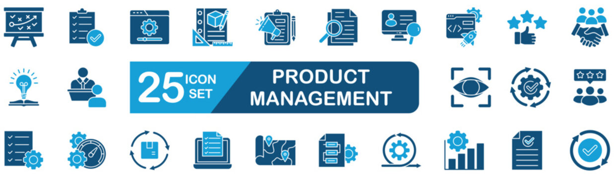 product management Web Icon Set in Blue style Flat. vector illustration concept relate to strategy, roadmap, planning, development